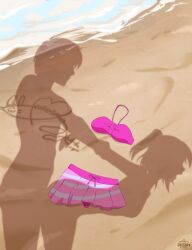 1boy arms_held_back beach bent_over ddeshiro doggy_style dressed_shadow_(meme) female from_behind highres implied_nudity implied_sex kurosawa_ruby love_live! love_live!_sunshine!! male meme pounding rough_sex sand sex_from_behind shadow standing standing_sex straight swimsuit