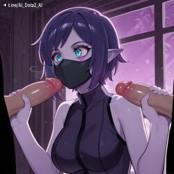 2boys ai_dota_ai ai_generated artist_name bare_arms bare_shoulders blue_eyes breasts colored_skin dota_2 double_handjob erection facial_mark female group_sex handjob indoors lanaya large_breasts mask mizumizuni_(style) mmf_threesome mouth_mask multiple_boys penis pointy_ears purple_hair short_hair sleeveless solo_focus straight templar_assassin threesome uncensored upper_body window