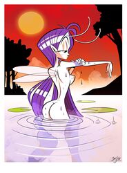 antennae ass bathing breasts fairy female lily_pad nipples purple_hair solo sun themrock water wet wings