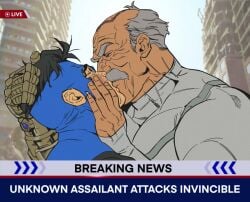 bonjourdraws conquest_(invincible) gay homosexual invincible invincible_(superhero) kissing makeout male male_only mark_grayson moustache muscular muscular_male old_male older_male older_male_and_younger_male white_hair yaoi
