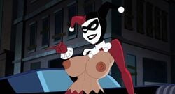 accurate_art_style batman_(series) batman_and_harley_quinn batmobile big_breasts black_lips black_lipstick blue_eyes breasts dc_comics dcuaom diklonius edit female female_only harley_quinn harley_quinn_(classic) large_nipples lipstick nipples screenshot screenshot_edit sunny_edits