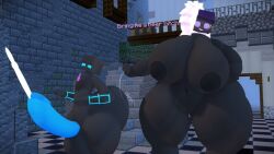 1boy 1girls 3d 3d_animation animated big_breasts big_breasts black_body black_skin blue_eyes blue_penis breasts breasts cock english_text glasses hb_(hb_the_ender) hbtheender larger_female minecraft purple_eyes rosse_(stemingbunbun) smaller_male smile text white_hair