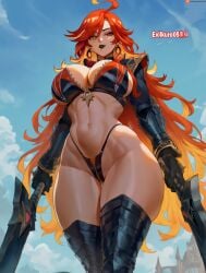 ai_generated bikini_armor evilkuro05 genshin_impact holding_weapon hoyoverse knight mavuika_(genshin_impact) warrior_girl