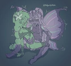 1boy cookie_run cookie_run_kingdom elder_faerie_cookie female grey_background male polyurethan sex straddle straddling white_lily_cookie wings