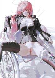 arknights ass black_corset black_jacket black_thighhighs breasts censored chair chinese_commentary closed_mouth commentary_request corset energy_wings female halo highres iumu jacket lemuen_(arknights) long_hair long_sleeves looking_at_viewer mosaic_censoring open_clothes open_jacket panties panties_around_one_leg pink_eyes pink_hair pussy pussy_juice shirt simple_background sitting smile solo thighhighs thighs underwear white_background white_halo white_panties white_shirt white_wings wings