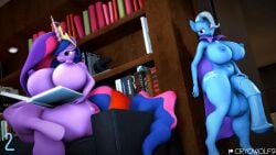 16:9 2025 3d_(artwork) 4k absurd_res animal_genitalia animal_penis anthro artist_name balls big_breasts big_penis blue_body book bookshelf breasts cape clothing crown cryowolf9 digital_media_(artwork) duo equid equine equine_genitalia equine_penis female friendship_is_magic furniture genitals gynomorph hair hasbro headgear hi_res hooves horn huge_breasts huge_cock hyper hyper_genitalia hyper_penis inside intersex mammal my_little_pony mythological_creature mythological_equine mythology nipples penis pink_hair purple_hair reading reading_book sitting text trixie_(mlp) twilight_sparkle_(mlp) unguligrade unicorn white_hair widescreen