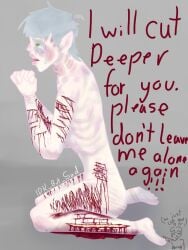 abused_male abusive_relationship after_sex begging begging_for_abuser begging_pose blood_drip blood_dripping blood_puddle bruised bruised_eye cutting cutting_self elf elf_ears green_eyes green_hair humanoid implied_sex male male_focus male_only original original_art original_artwork original_character pale_skin pale_skinned_male rope_marks self_harm self_harm_scars skinny skinny_male slap_mark