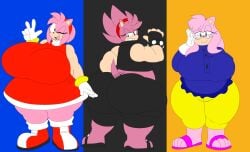 3girls amy_rose anthro anthro_only ass bangs bbw belly breasts cerberus_rose conjoined denizen1414 eyelashes fat female female_only furry glasses green_eyes huge_ass large_ass large_breasts long_hair muzzle obese overweight plain_background plump rosy_the_rascal_(archie) sega shy simple_background smile sonic_(series) spines thick_thighs triplets what wide_hips