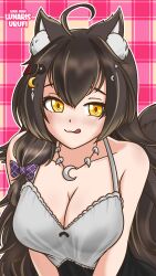 1girls ahoge animal_ear_fluff animal_ears animal_tail bare_shoulders big_breasts black_hair blush breasts cleavage exposed_shoulders female hair_ornaments hair_ribbon licking_lips looking_at_viewer lord_grax lunaris_urufi necklace nightwear ribbon side_ponytail solo solo_female solo_focus tongue tongue_out virtual_youtuber wolf_girl wolf_tail yellow_eyes