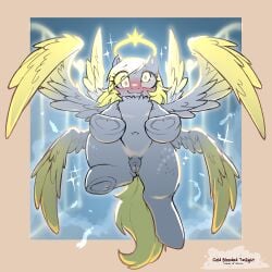 1:1 blonde_hair blush closed_smile cold-blooded-twilight derpy_hooves equid equine eyebrows eyelashes female feral friendship_is_magic front_view fur grey_body grey_fur hair halo hasbro hi_res hooves horse looking_at_viewer looking_up mammal mouth_closed my_little_pony navel pony pupils quadruped smile solo tail wings yellow_eyes yellow_tail
