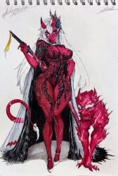 akumi artist_name black_skin blood breasts demon_girl female fingernails full_body high_heels holding horns jewelry large_breasts long_hair looking_at_viewer navel red_oni red_skin signature solo standing tail teeth traditional_art veins very_long_hair vyugen white_hair yellow_eyes