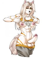 abs albinadainer anthro balls big_penis breasts canid canine clothing erection exercise fur futanari genitals gynomorph hair hi_res intersex mammal nipples nude penis pinup pose simple_background solo tail workout