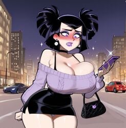 1girls ai_generated bare_shoulders black_hair blush danny_phantom earrings embarrassed eyeshadow handbag huge_breasts lips lipstick makeup miniskirt outdoors phone purple_eyes purple_lipstick purse sam_manson short_skirt shy smartphone stable_diffusion sweater two_side_up upskirt visible_panties
