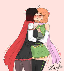 2girls ahoge alternate_costume bare_shoulders black_dress black_hair black_legwear blush breasts cape cleavage cleavage_cutout closed_eyes clothed couple dress duo female female_only fully_clothed gradient_hair green_dress grey_legwear hug kissing large_breasts lavender_scarf medium_breasts multiple_females multiple_girls mutual_yuri orange_hair pantyhose passionate penny_polendina pink_background red_cape red_hair romantic ruby_rose rwby scarf short_dress short_hair simple_background standing thighhighs yuri zronku