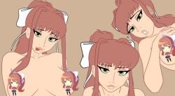 1girls breasts_out censored ddlc doki_doki_literature_club female green_eyes hair_ornament hair_ribbon laying_down looking_at_viewer monika_(doki_doki_literature_club) mrpumpernickel seductive_look tongue_out