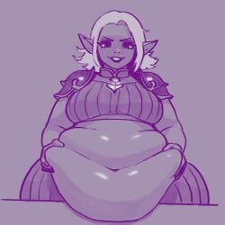 belly_button belly_grab belly_grope belly_play belly_rolls big_breasts breasts deep_navel elf elf_ears elf_female elf_girl fat fat_female fat_rolls female huge_belly morbidly_obese morbidly_obese_female obese plain_background plapp smile solo white_hair wide_hips