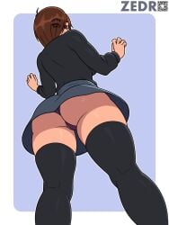 ass ass ass_focus back_view big_ass big_butt brown_hair butt_focus clothing curvaceous curvaceous_female curvaceous_figure curvy curvy_figure curvy_hips down_view female female_focus female_only looking_at_viewer original original_character polly_(zedro) short_hair thigh_highs zedro