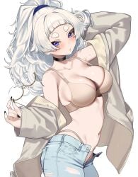 1girls arched_back bare_shoulders blue_eyes blush bra breasts brown_bra brown_jacket brown_panties cleavage commentary curvy denim female glasses highres holding holding_removed_eyewear jacket jeans large_breasts long_hair long_sleeves looking_at_viewer meg_(wakamepiza) mole mole_on_arm navel off_shoulder open_clothes open_fly open_jacket open_pants original panties pants ponytail semi-rimless_eyewear short_bangs short_eyebrows simple_background solo thick_eyebrows underwear unworn_eyewear wakamepiza white_background white_hair yellow-framed_eyewear