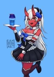 :d akumi artist_name bare_shoulders blue_background blush breasts choker cleavage cup demon_girl dress earrings elbow_gloves fangs female fingernails flower frills gloves hair_between_eyes hair_flower hair_ornament holding horns jewelry large_breasts long_hair long_sleeves looking_at_viewer medium_breasts oerba_yun_fang oni oni_horns open_mouth pointy_ears ponytail red_skin ribbon simple_background single_horn smile solo thighhighs tray vyugen white_hair