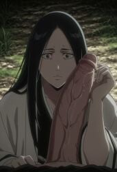1boy 1girls ai_generated big_penis black_hair bleach bleach:_the_thousand-year_blood_war female forearm_cock haori kimono large_penis light-skinned_female light-skinned_male, male monster_cock penis penis_measuring shocked shocked_expression unohana_retsu unohana_yachiru veiny_penis white_haori