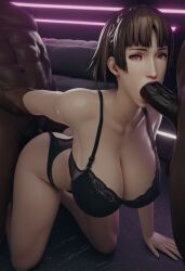1girls 2boys 3d ai_generated big_ass big_breasts big_penis black_underwear blowjob breasts brown_hair dark-skinned_male exposed_ass fellatio female female_focus generalbutch_(style) grabbing_arm huge_ass huge_breasts huge_cock interracial light-skinned_female lingerie looking_at_viewer makoto_niijima male mmf_threesome nightclub on_knees persona persona_5 red_eyes short_hair sodaglow_artist spitroast tagme threesome underwear