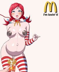 1girls after_sex ahe_gao ambiguous_gender areolae big_belly bow braids breasts collar completely_nude cum cum_in_pussy cum_inside cum_on_food cumdrip dark_nipples edited enemy_conversion female food freckles french_fries fries ginger gloves gomzai highres human lactation large_breasts leaking leash mascot mcdonald's nipples nude pov pregnant ready_to_pop red_hair ruining_food slave solo source_request thighhighs tied_hair twintails wendy's wendy_thomas wide_hips