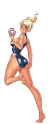 ;) asahina_aoi ass back barefoot billie_(hentai_heroes) blonde_hair blue_eyes blush breasts cg dark-skinned_female doughnut feet female food from_behind full_body green_background hentai_heroes holding holding_food kinkoid large_breasts long_hair looking_at_viewer looking_back medium_breasts official_art one-piece_swimsuit one_eye_closed parody ponytail sideboob simple_background smile soles solo standing standing_on_one_leg swimsuit tan tanlines thighs toes transparent_background