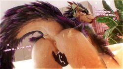 16:9 3d_(artwork) 4k absurd_res anthro anus ass beak bird_wyvern bodily_fluids butt_focus capcom digital_media_(artwork) english_text feathers female finger_fuck fingering fingering_self genital_fluids heart_symbol hi_res inside looking_at_viewer looking_back looking_back_at_viewer masturbation monster_hunter nude nude_anthro nude_female rear_view seikret solo springycharna tail talking_to_viewer text thick_thighs uwu vaginal_fluids vaginal_penetration widescreen