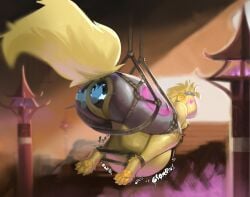 absurd_res almost_fully_inside anal anal_vore anthro anus ass belly big_belly bodily_noises bondage bound dungeon feeding fluffy fluffy_tail group hi_res huge_filesize machine male male/male male_pred paws penetration protogen same_size_vore sex smile sound_effects spicynoodle suspension tail trio unwilling_pred vault_fur vore yellow_body yellow_tail