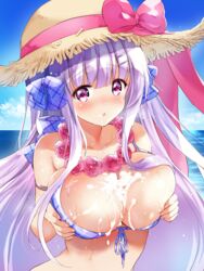 1girls areola_slip areolae azur_lane bikini blue_sky blush cum_on_body cum_on_breasts cum_on_face cygnet_(azur_lane) cygnet_(sea_star_on_shore)_(azur_lane) female_only kurimomo large_breasts lavender_hair long_hair looking_at_viewer ocean purple_eyes straw_hat