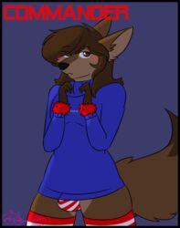 2019 anthro bulge canid canine canis clothed clothing commanderthings front_view fur fuzzy_handcuffs hair handcuffs long_hair looking_at_viewer male male_only mammal portrait shackles simple_background solo standing text three-quarter_portrait turtleneck wolf