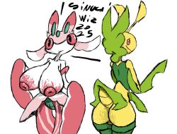 antennae_(anatomy) artist_signature game_freak insect_girl large_ass large_boobs leavanny leaves_on_body lurantis pink_nipples pokemon pokemon_(species) praying_mantis sinucawizard white_body yellow_body yellow_pussy
