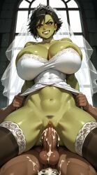 ai ai_art ai_assisted ai_generated big_breasts big_breasts breasts breasts cum cum_in_pussy cum_inside dnd dnd_character evil_grin fantasy green_body green_skin huge_breasts orc orc_female orc_girl orc_on_human orced tits_bigger_than_head tits_out wedding wedding_dress wedding_night