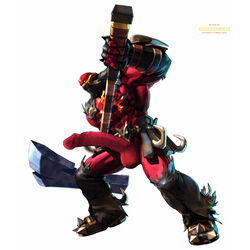 astaroth astaroth_(soul_calibur) axe large_penis male male_only mask mmoboys mmoboys_(artist) red_skin solo soul_calibur standing weapon