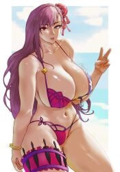 big_breasts bikini breasts fate/grand_order fate_(series) huge_breasts looking_at_viewer merging miyamoto_musashi_(fate) nbaka001 posing scathach_(fate) swimsuit thick_thighs