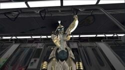 3d big_breasts big_dick big_nipples big_penis front_view futa_only futanari gold_bikini huge_cock intersex octavia_(warframe) octavia_prime_(warframe) train vrchat warframe