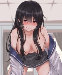 1girls absurdres black_hair blush breasts closed_mouth collarbone commentary_request convenient_censoring curtains female grey_skirt hair_censor hanging_breasts highres indoors isokaze_(kancolle) kantai_collection kiritto large_breasts leaning_forward licking_lips long_hair looking_at_viewer looking_down navel nose_blush open_clothes open_shirt pleated_skirt red_eyes sailor_collar school_uniform serafuku sidelocks skirt smile solo striped_clothes striped_skirt sweat tongue tongue_out topless_female very_long_hair