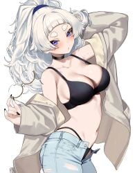 1girls arched_back bare_shoulders black_bra black_panties blue_eyes blush bra breasts brown_jacket cleavage commentary curvy denim female glasses highres holding holding_removed_eyewear jacket jeans large_breasts long_hair long_sleeves looking_at_viewer meg_(wakamepiza) mole mole_on_arm navel off_shoulder open_clothes open_fly open_jacket open_pants original panties pants ponytail semi-rimless_eyewear short_bangs short_eyebrows simple_background solo thick_eyebrows underwear unworn_eyewear wakamepiza white_background white_hair yellow-framed_eyewear