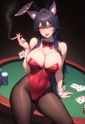 ahri ai_generated black_hair bunny_ears bunnysuit cigarette female gold_eyes league_of_legends lipstick novelai playboy_bunny smoking smoking_cigarette tagme