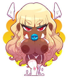 amber amber_(carmessi) areolae beauty_mark big_head big_lips bimbo blonde_hair blue_lipstick breasts brown_nipples busty carmessi chibi cleavage curly_hair dark-skinned_female dark_areola dark_nipples dark_skin demon_eyes evil_eyes eyelashes eyeshadow ganguro garter_straps gyaru lingerie lipstick makeup mole_on_breast nipples red_eyes shortstack slit_eyes succubus thick_lips voluptuous white_stockings