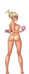 asahina_aoi ass back barefoot bikini_tan billie_(hentai_heroes) blonde_hair blue_eyes blush breasts cg cleft_of_venus completely_nude dark-skinned_female dark_skin doughnut earrings female food from_behind full_body green_background grin hentai_heroes holding kinkoid kneepits large_breasts legs long_hair looking_at_viewer looking_back medium_breasts nipples nude official_art parody piercing ponytail pussy shiny_skin simple_background smile solo standing tan tanlines thick_thighs thighs transparent_background uncensored