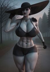 1girls 3d abs ai_generated alcina_dimitrescu areolae big_breasts big_hat big_thighs black_flower capcom collar covered_nipples earrings female female_only flowers fog forest gloves hat huge_breasts huge_thighs jewelry jogging large_breasts large_thighs lipstick makeup milf muscular muscular_female narrow_waist nature purple_eyeshadow red_lipstick resident_evil resident_evil_8:_village road self_upload solo solo_female sport_shorts sports_bra sweating tagme trees visible_areolae wide_hips