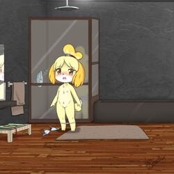 1girls 3_toes animal_crossing animal_ears anthro areolae artist_name barefoot bathroom bathtub bell blonde_hair blue_bra blue_panties blush bra bra_removed buck_teeth cameltoe clothes_removed collarbone dated dog_ears dog_girl dog_tail embarrassed erect_nipples eyebrows_visible_through_hair feet female female_only flat_chest flying_sweatdrops full_body furry hair_bell hair_ornament hair_tie highres indoors isabelle_(animal_crossing) jingle_bell looking_at_viewer mat mirror neko_star nintendo nipples no_humans nose_blush open_mouth panties panties_around_ankles panties_down panty_pull paws pussy red_ribbon reflection ribbon short_hair shower signature solo standing striped striped_bra striped_panties sweat tail textless thick_thighs tied_hair topknot topless towel uncensored underwear underwear_only wide_hips yellow_eyes