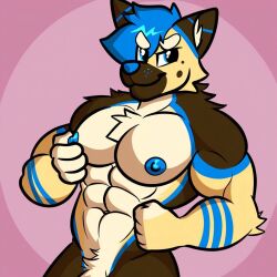 ai ai_generated anthro blue_stripes brown_fur furry muscular muscular_male nipple_pinch nipple_play pecs shep_(shepgoesblep) solo yellow_fur