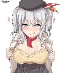 1girls :q absurdres alternate_costume beret black_hat blue_eyes blush breasts cleavage collar collarbone commentary_request covered_nipples female from_above grey_hair grey_jacket grey_skirt hat heart heart-shaped_pupils highres jacket kantai_collection kashima_(kancolle) kashima_(mitsukoshi)_(kancolle) kiritto long_hair looking_at_viewer medium_breasts open_clothes open_jacket red_collar shirt simple_background skirt smile solo symbol-shaped_pupils tongue tongue_out twintails twitter_username upper_body white_background yellow_shirt