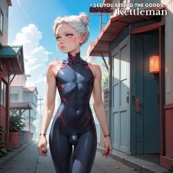 ai_generated bulge cybernetics cyberpunk cyborg femboy feminine feminine_male kettleman latex latex_clothing penis_bulge sissy skin_tight slender_waist slim_waist trap twink walking white_hair