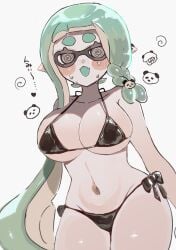 1girls @_@ bikini black_bikini black_eyes blush braid braided_hair breasts cleavage female green_hair inkling inkling_girl large_breasts long_hair looking_at_viewer navel nintendo open_mouth pointy_ears shiny_skin side-tie_bikini simple_background smchan_hll solo solo_female solo_focus splatoon sweat tentacle_hair thick_thighs thighs translation_request white_background