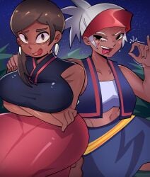 2girls alternate_version_available bandana big_breasts breasts brown_eyes brown_hair busty_female clothed clothed_female clothing dark-skinned_female dark_skin earrings embarrassed embarrassed_female fellatio_gesture female female_focus female_only gilf grey_hair handjob_gesture hi_res horny horny_female imminent_sex jiansketch long_skirt lucasfilm meevai_villagers midriff milf navel ponytail skirt star_wars star_wars_visions the_village_bride thick_thighs thighs tongue tongue_out variant_set