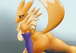absurd_res anthro arm_tuft armwear ass bandai_namco big_breasts big_butt black_nose black_sclera blue_eyes breasts bridal_gauntlets chest_tuft clothed clothed/nude clothing countershade_torso countershading curvy_figure digimon digimon_(species) eyelashes female frown fur grey_background hi_res long_ears long_tail looking_at_viewer looking_back neck_tuft nipples nude pink_nipples pose purple_body purple_clothing purple_fur renamon sarctrue shaded shadow shoulder_tuft shy simple_background solo tail thick_thighs tomoe_(symbol) tuft white_body white_countershading white_fur wide_hips yellow_body yellow_fur