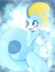 1girls 2019 anthro anthrofied areolae ass big_ass big_belly big_breasts big_tail blue_eyes blue_nipples blue_skin blush blush_stickers breasts chubby curled_tail dated eyelashes female female_only flying_sweatdrops hands_on_breasts head_fin large_breasts lizard nintendo nipples nude open_mouth pokemon pokemon_ss puffy_nipples reptile scalie signature skwidbone sobble solo sweat tail text thick_thighs watermark wide_hips